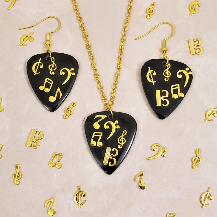Custom Resin Music Note Guitar Pick Necklace and Earrings