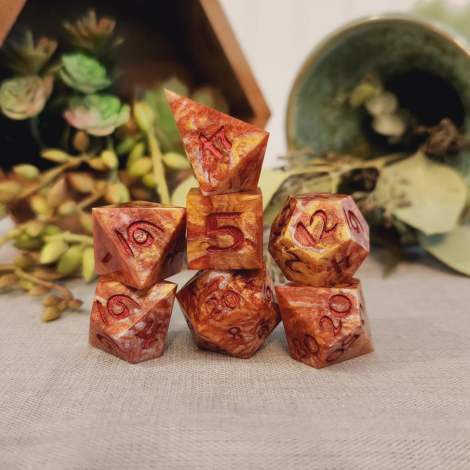 Red, Orange, Yellow Handmade Polyhedral Dice Set