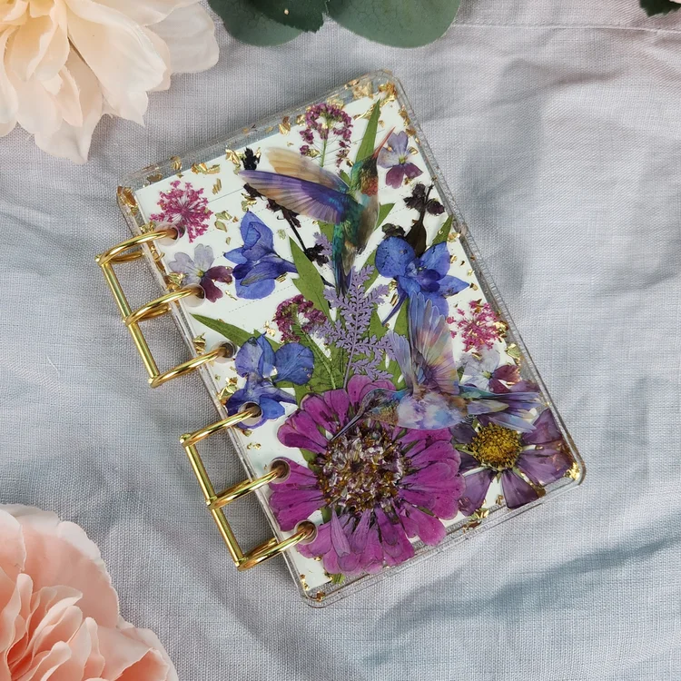 Handmade Refillable Pink & Blue A7 Flower Notebook | Hummingbird floral Journal | Real Flower Sketchbook