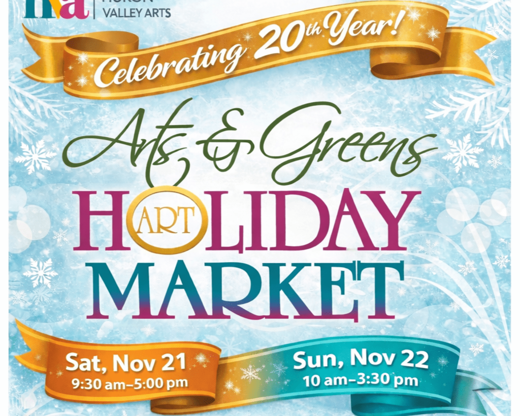 Flyer for Arts & Greens Art Holiday Market celebrating its 20th year, scheduled for Saturday, November 21 from 9:30 am to 5:00 pm and Sunday, November 22 from 10 am to 3:30 pm.