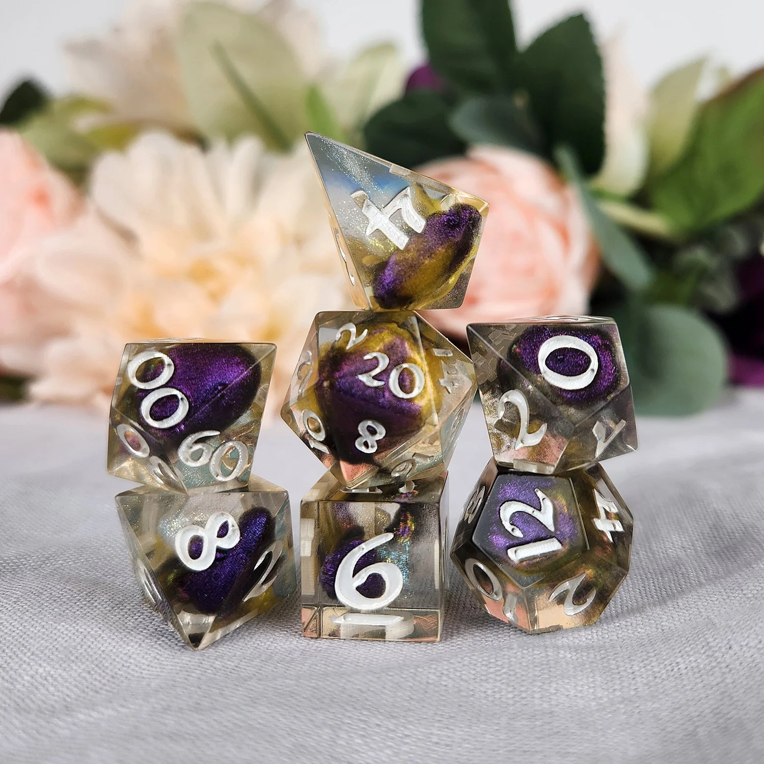 Purple & Yellow Handmade Polyhedral Dice Set
