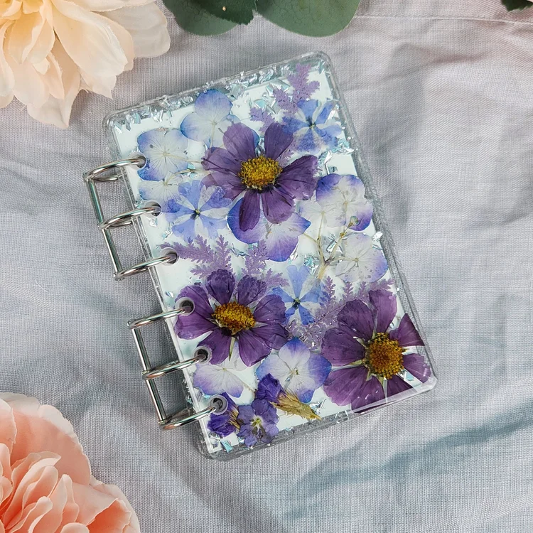 Handmade Refillable Purple & Blue A7 Flower Notebook | Cosmo floral Journal | Real Flower Sketchbook