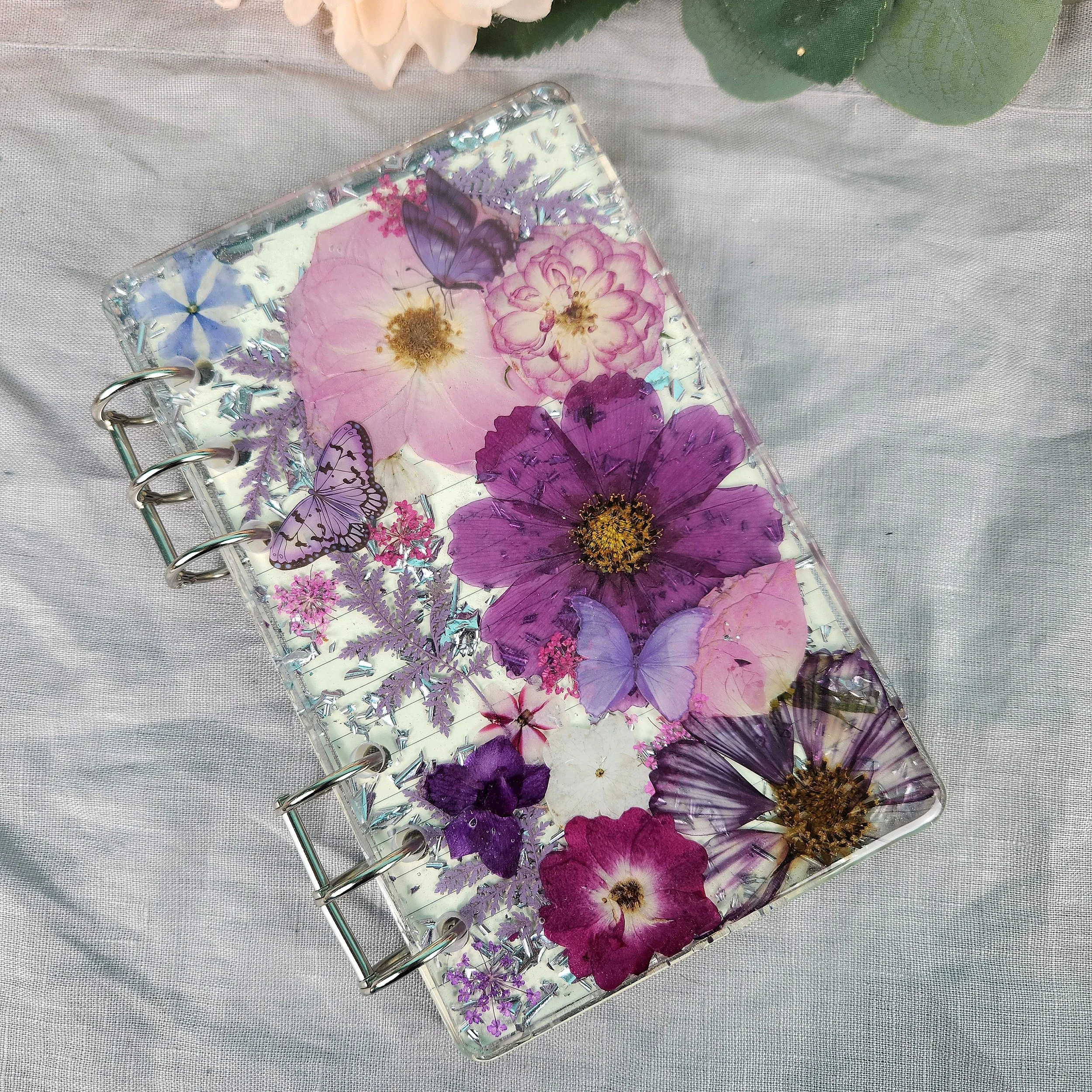 Handmade Refillable Purple & Pink A6 Flower Notebook | Butterfly floral Journal | Real Flower Sketchbook