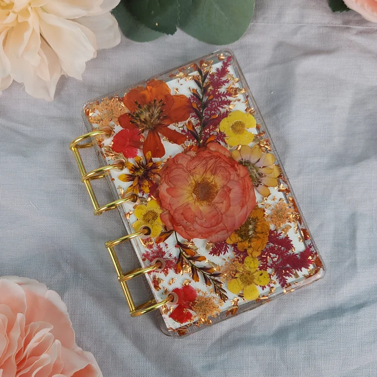 Handmade Refillable Orange & Yellow A7 Flower Notebook | Red floral Journal | Real Flower Sketchbook