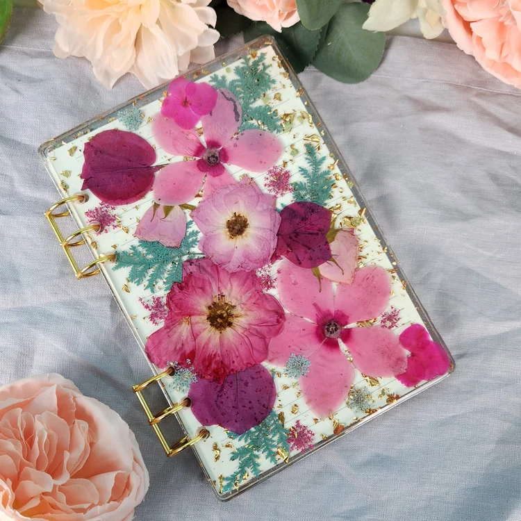Handmade Refillable Pink A5 Flower Notebook | Teal floral Journal | Real Flower Sketchbook