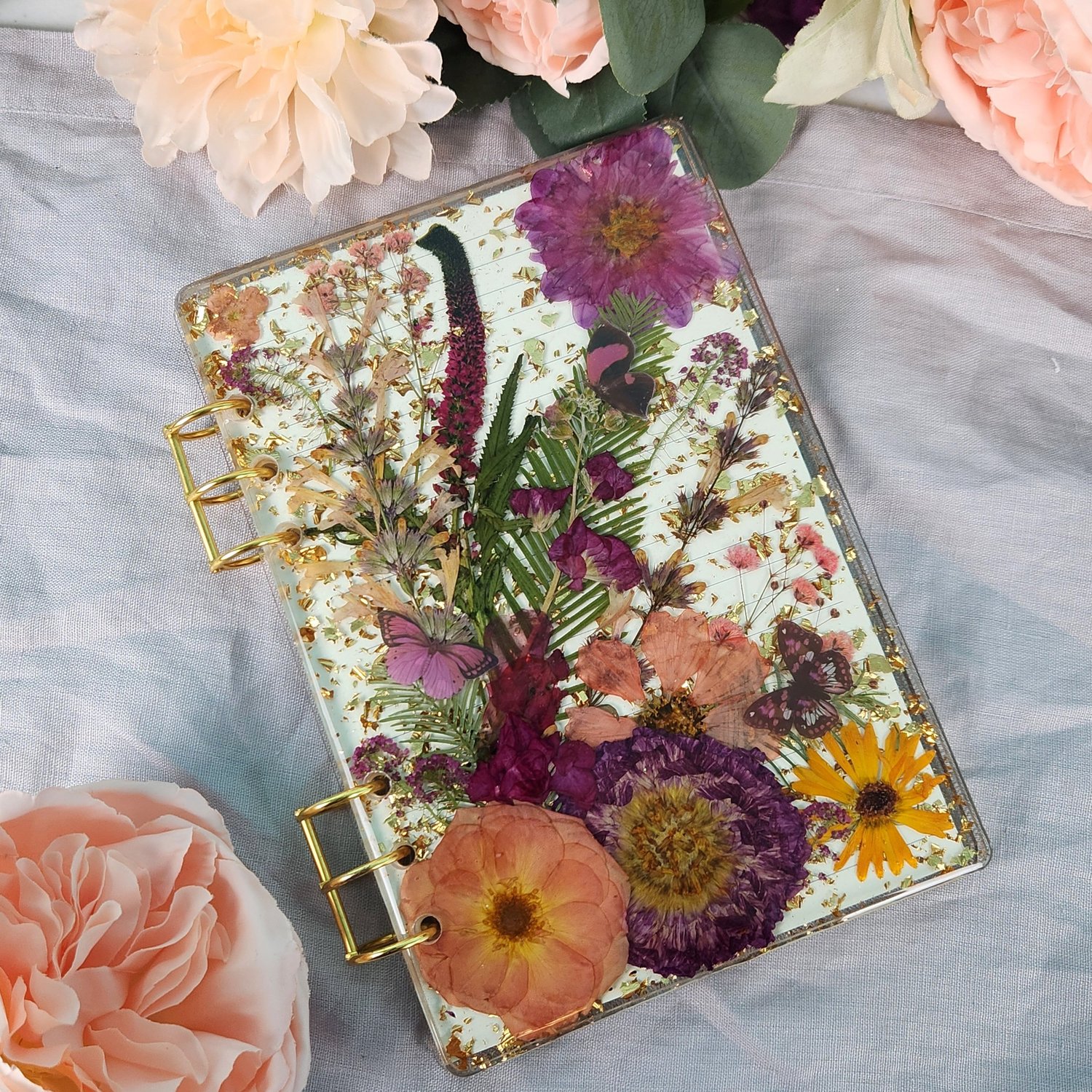 Handmade Refillable Pink and Orange A5 wildflower Notebook | Butterfly floral Journal | Real Flower Sketchbook
