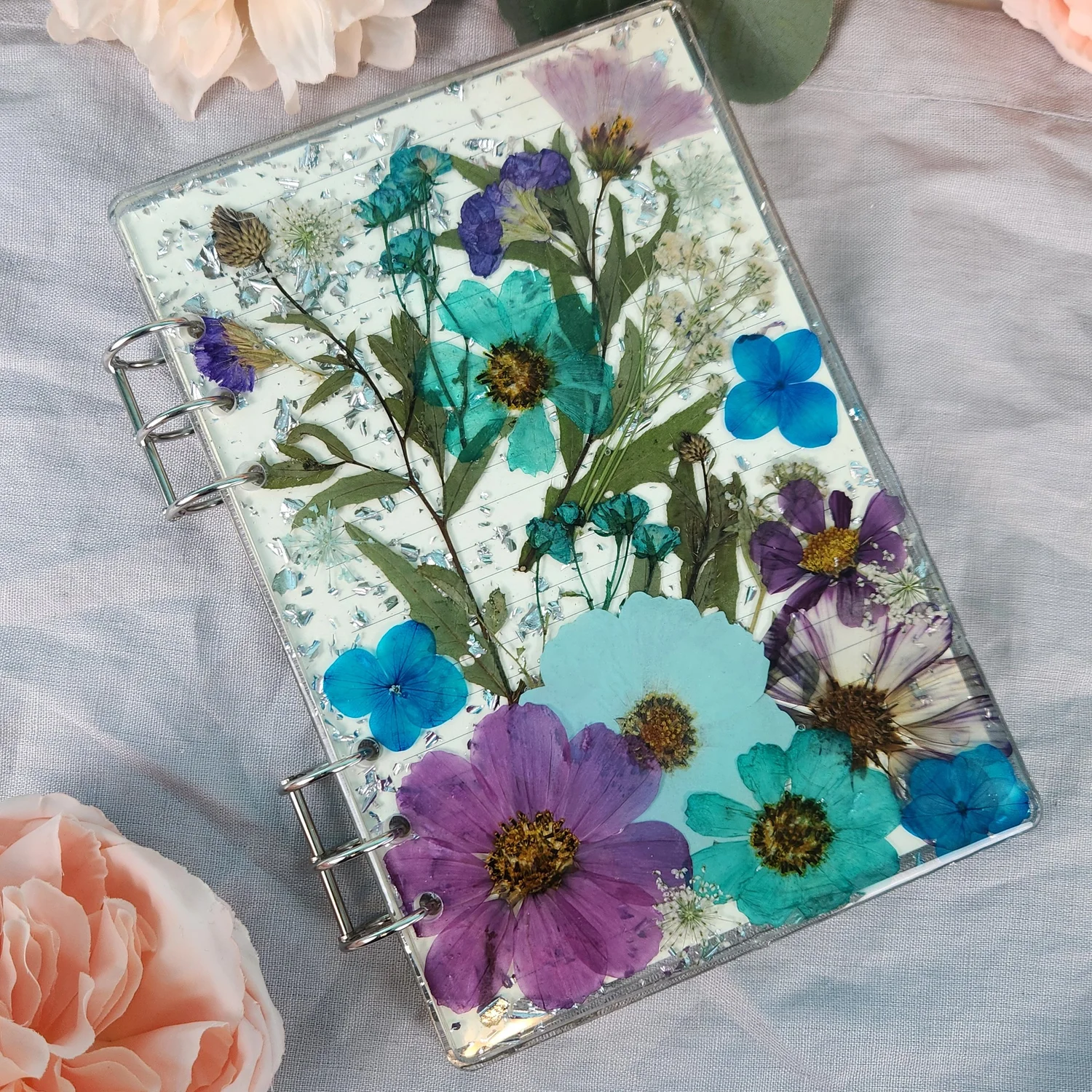 Handmade Refillable Blue & Purple A5 Flower Notebook | floral Journal | Real Flower Sketchbook