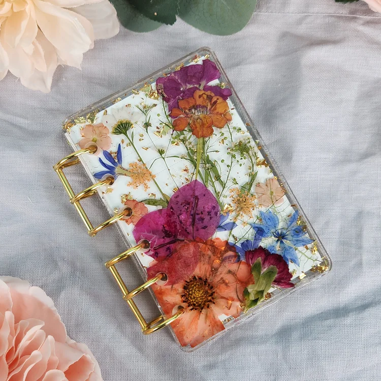 Handmade Refillable Pink & Orange A7 Flower Notebook | Blue floral Journal | Real Flower Sketchbook