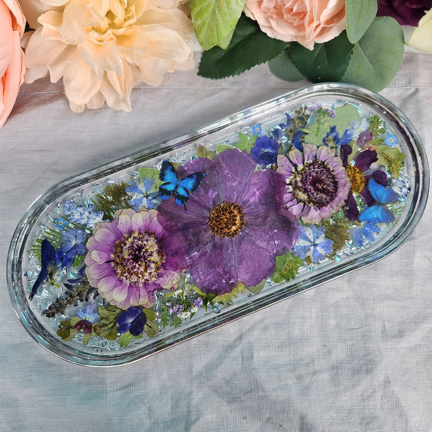 Real Purple Flower Resin Trinket Tray | Handmade Butterfly Jewelry Dish | floral Cosmo ring holder