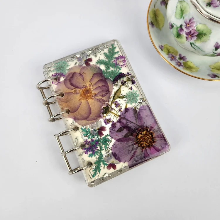 Handmade Refillable Purple & teal A7 Flower Notebook | Rose floral Journal | Real Flower Sketchbook