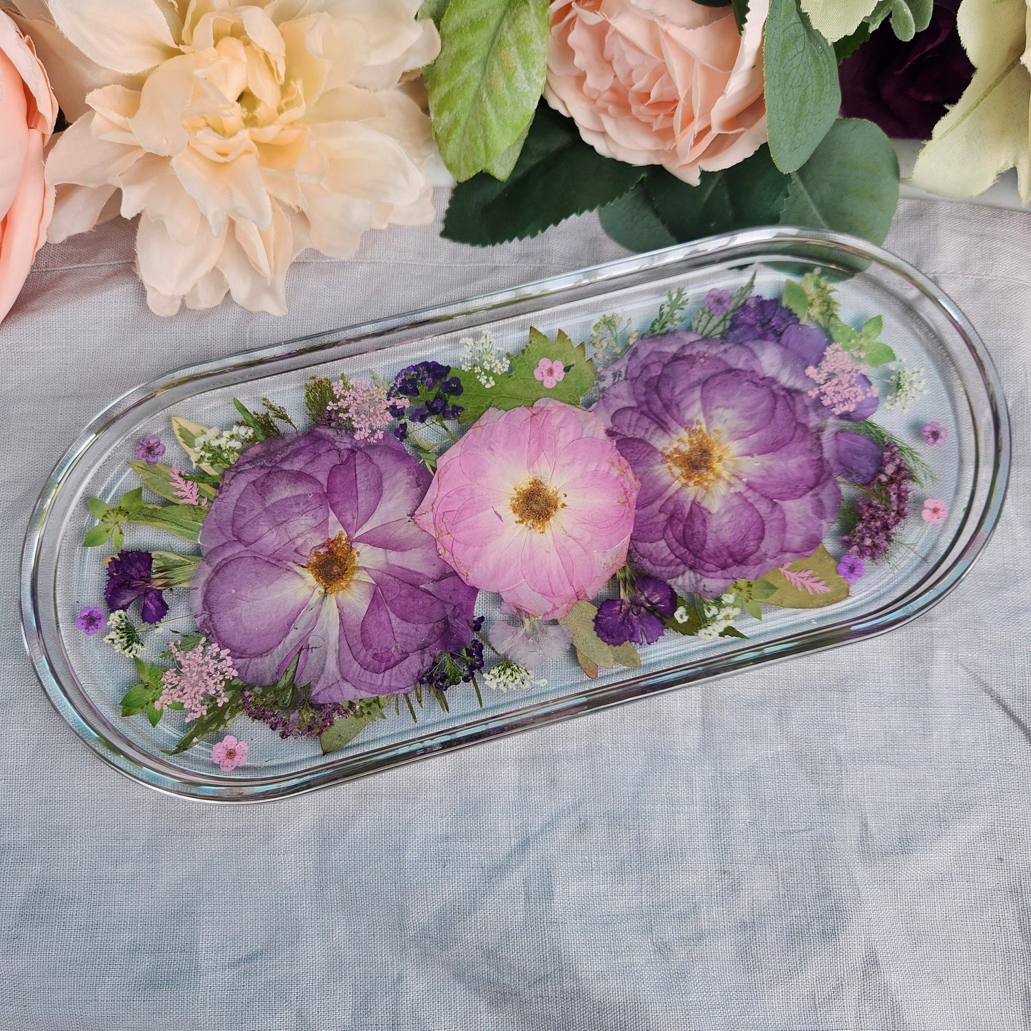 Real Purple & Pink Flower Resin Trinket Tray | Handmade Jewelry Dish | floral rose ring holder