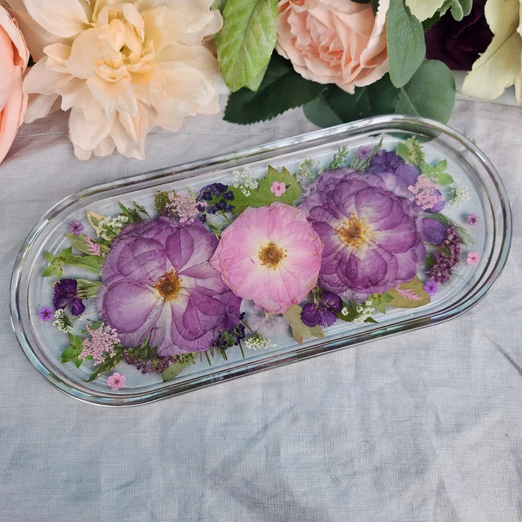 Real Purple & Pink Flower Resin Trinket Tray | Handmade Jewelry Dish | floral rose ring holder