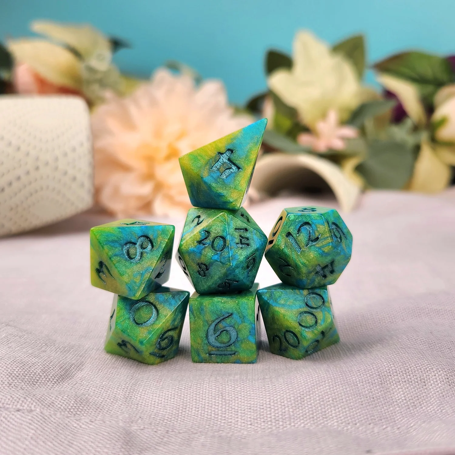 Blue & Green Handmade Polyhedral Dice Set