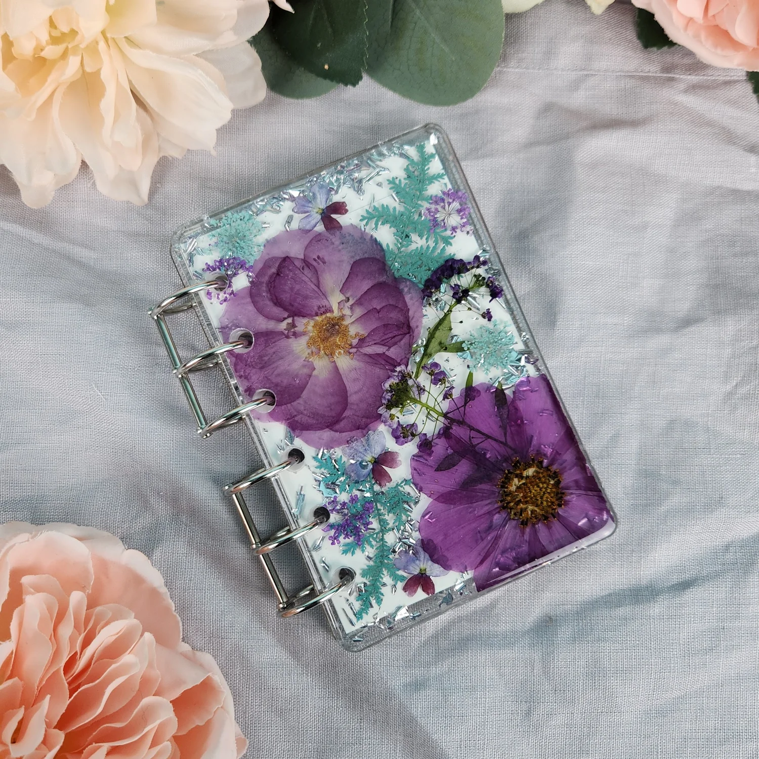 Handmade Refillable Purple & teal A7 Flower Notebook | Rose floral Journal | Real Flower Sketchbook