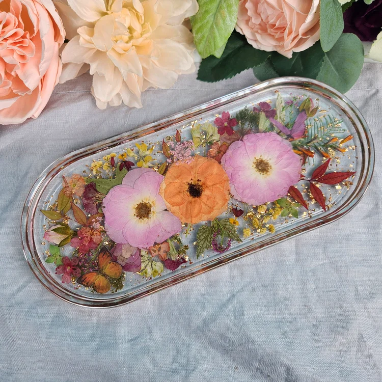Real Orange & Pink Flower Resin Trinket Tray | Handmade Butterfly Jewelry Dish | floral ring holder