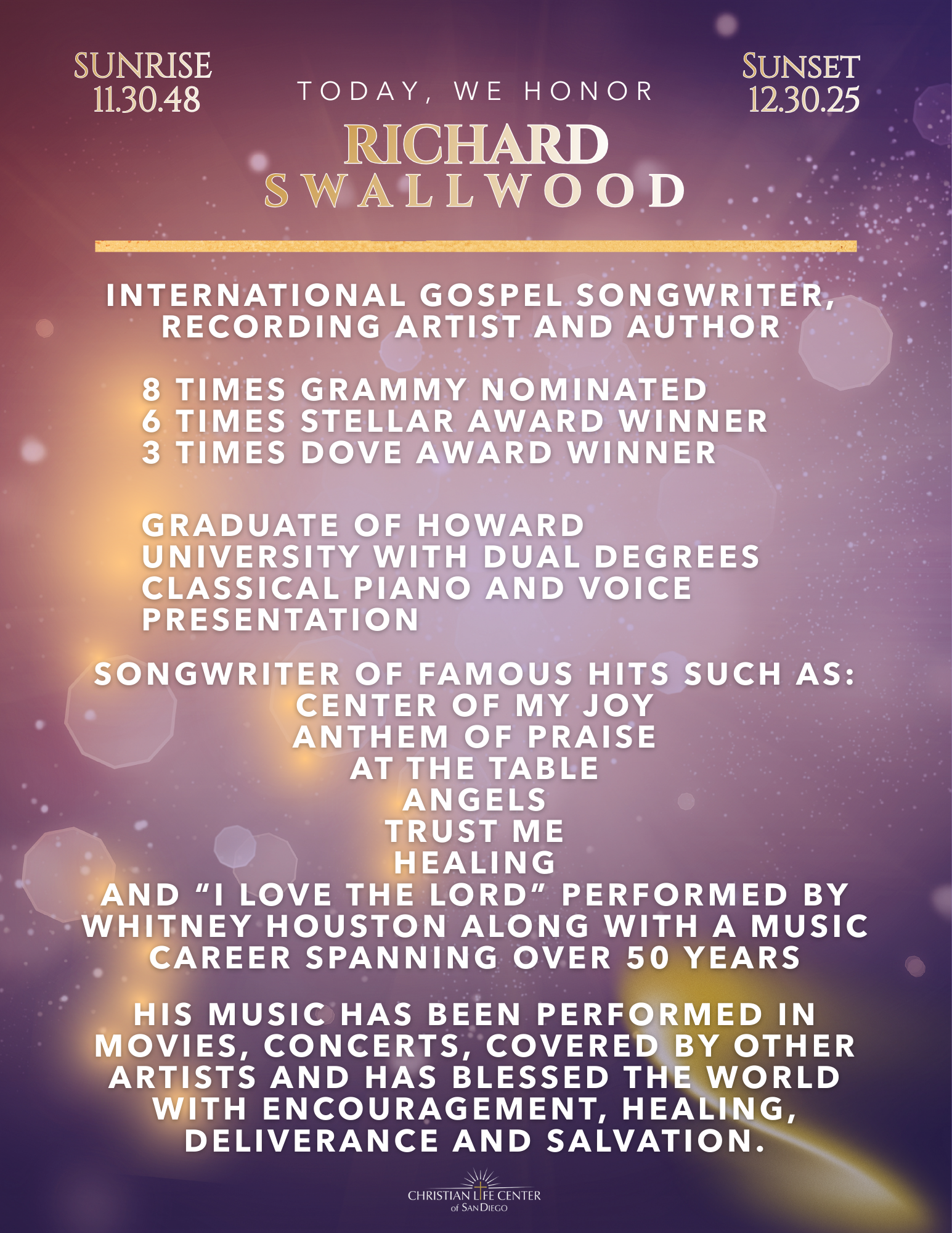 A memorial poster honoring Richard Smallwood with details of his achievements, awards, education, and musical career, including scriptures and music references, against a purple and pink background with light effects.