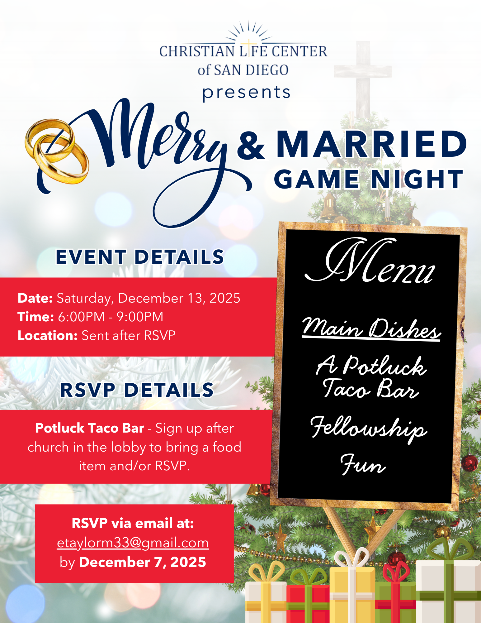 Event flyer for a 'Merry & Married Game Night' hosted by the Christian Life Center of San Diego featuring a Christmas tree background, gold wedding rings, and a chalkboard-style menu listing main dishes and fellowship activities.