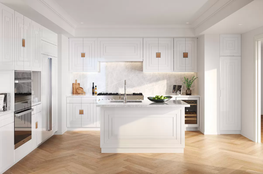 Kitchens, designed by Cabinet Alberto Pinto, offer white quartz slab countertops, custom-designed white lacquer cabinetry, and appliances by Wolf, Sub-Zero, and Miele.