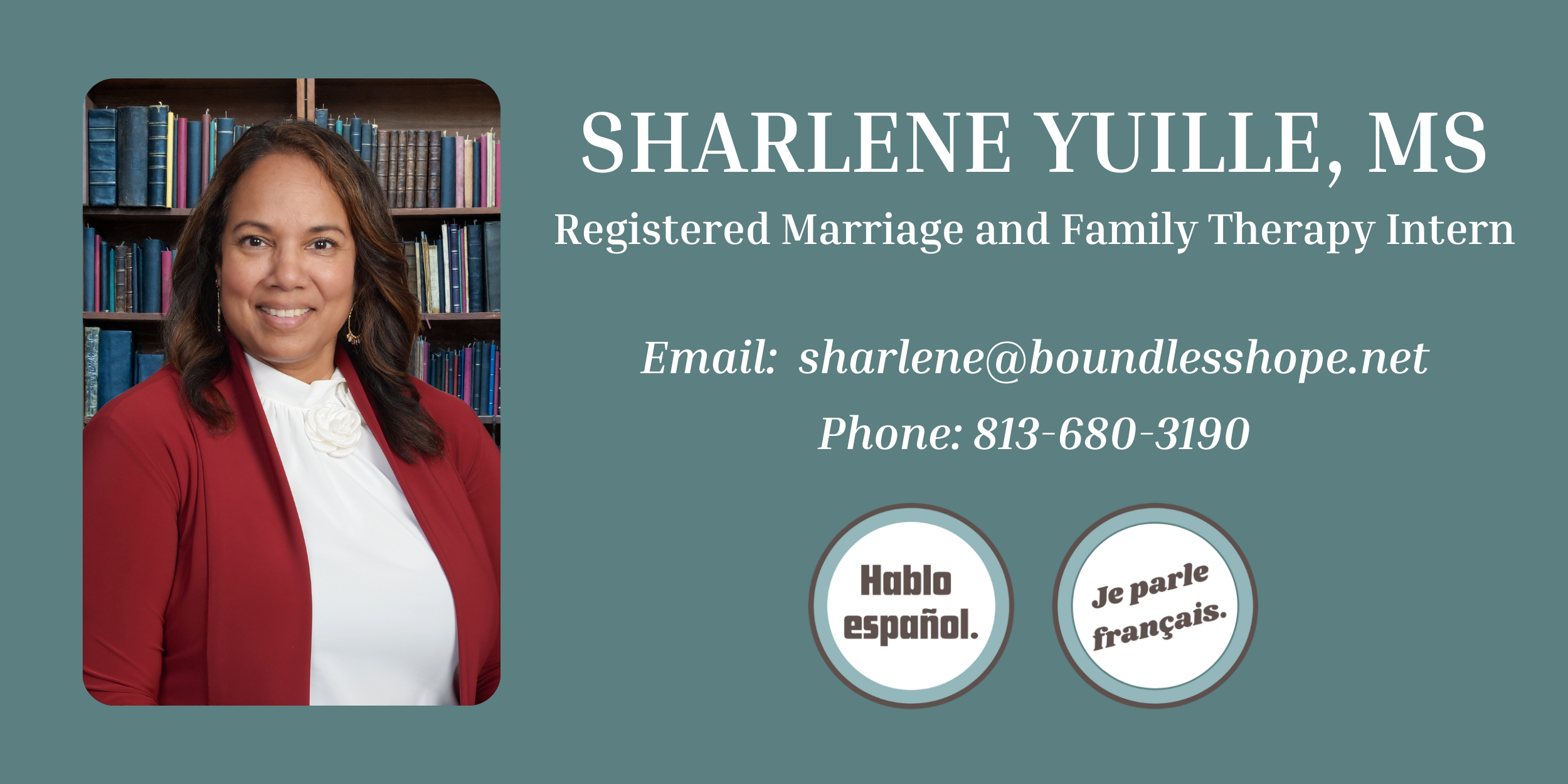Sharlene Yuille, BA, Registered Marriage and Family Therapy Intern in Florida, contact information and credentials including speaking Spanish and French