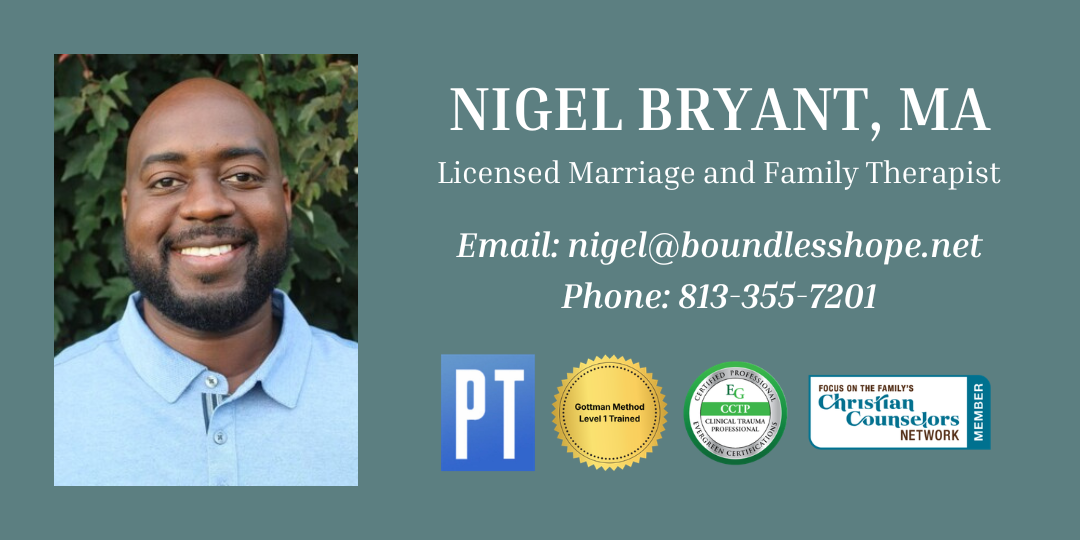 Nigel Bryant, MA, Licensed Marriage and Family Therapist in Florida, contact information and credentials including membership in the Christian Counselors Network and Certified Clinical Trauma Professional certification, and Gottman Method Level 1 Tr