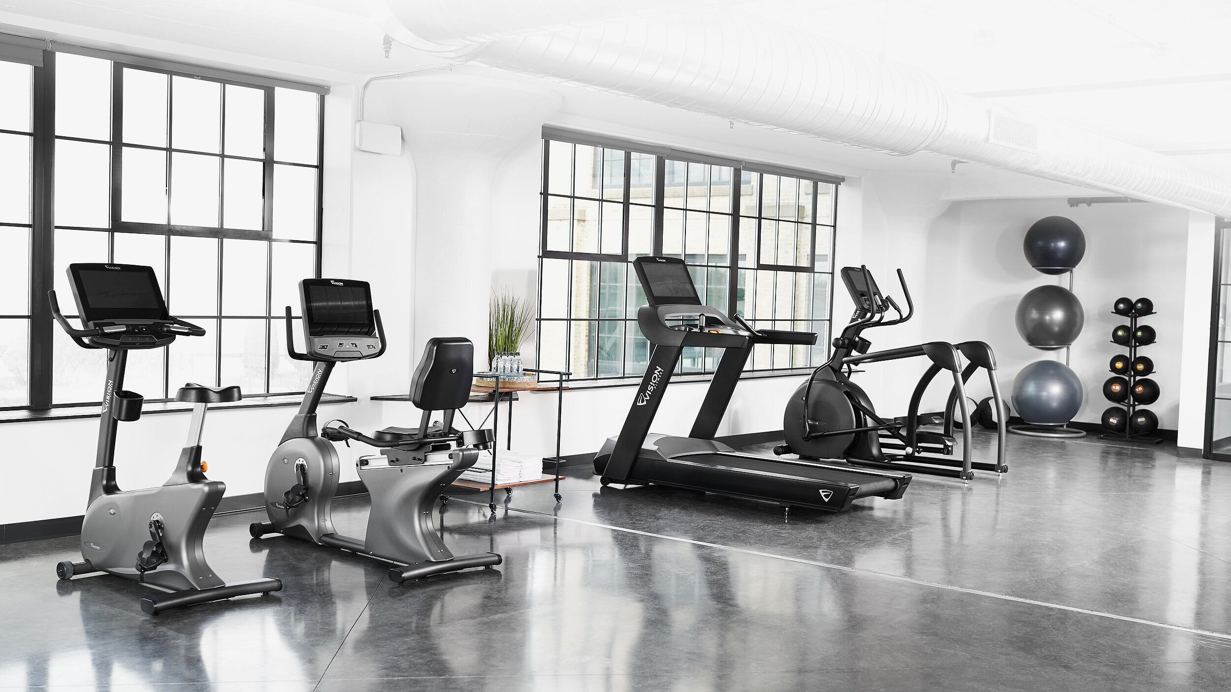 Modern gym room with multiple exercise machines including stationary bikes, a treadmill, and an elliptical trainer, large windows, exercise balls, and a rack of medicine balls.