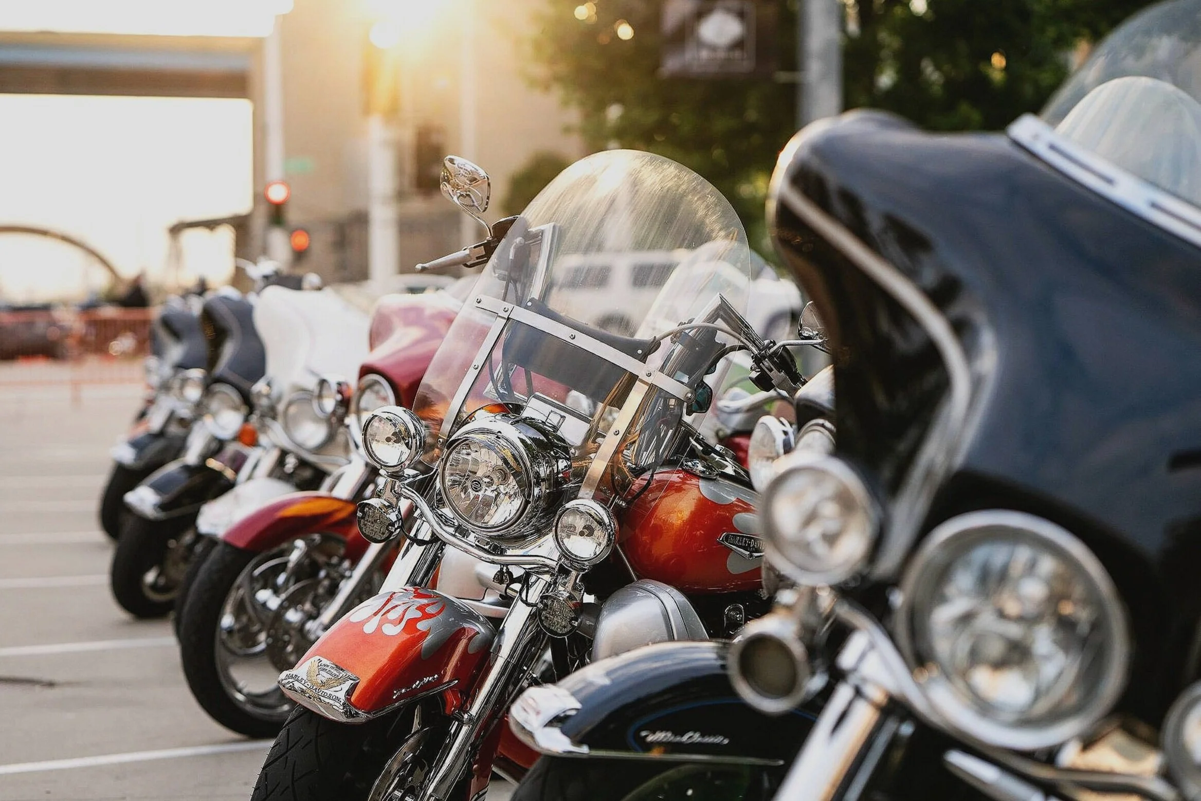 Several parked Harley-Davidson motorcycles lined up in a parking lot during sunset