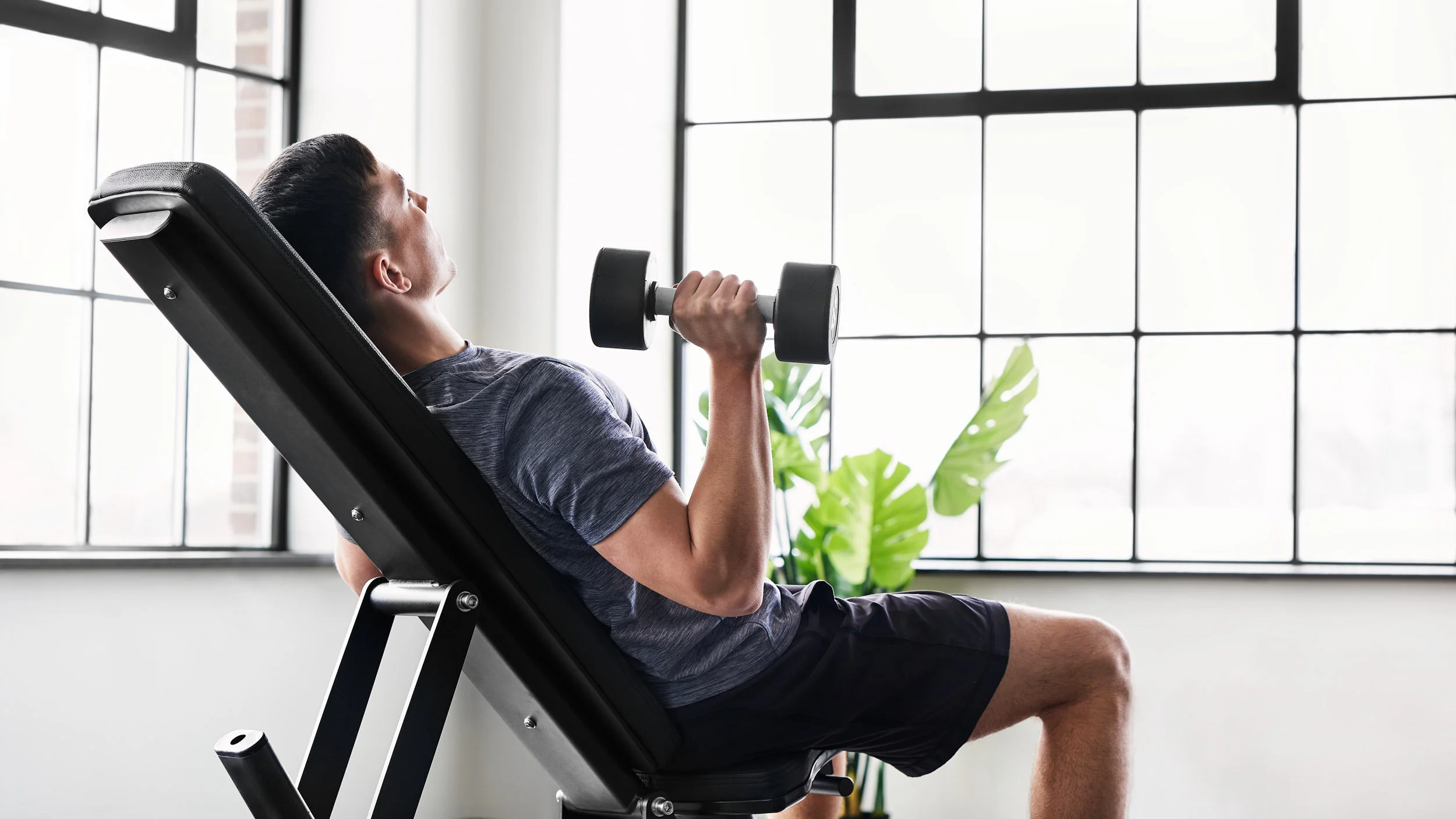 Young man lifting a dumbbell while reclining on an adjustable workout bench in a bright gym with large windows and a green plant.