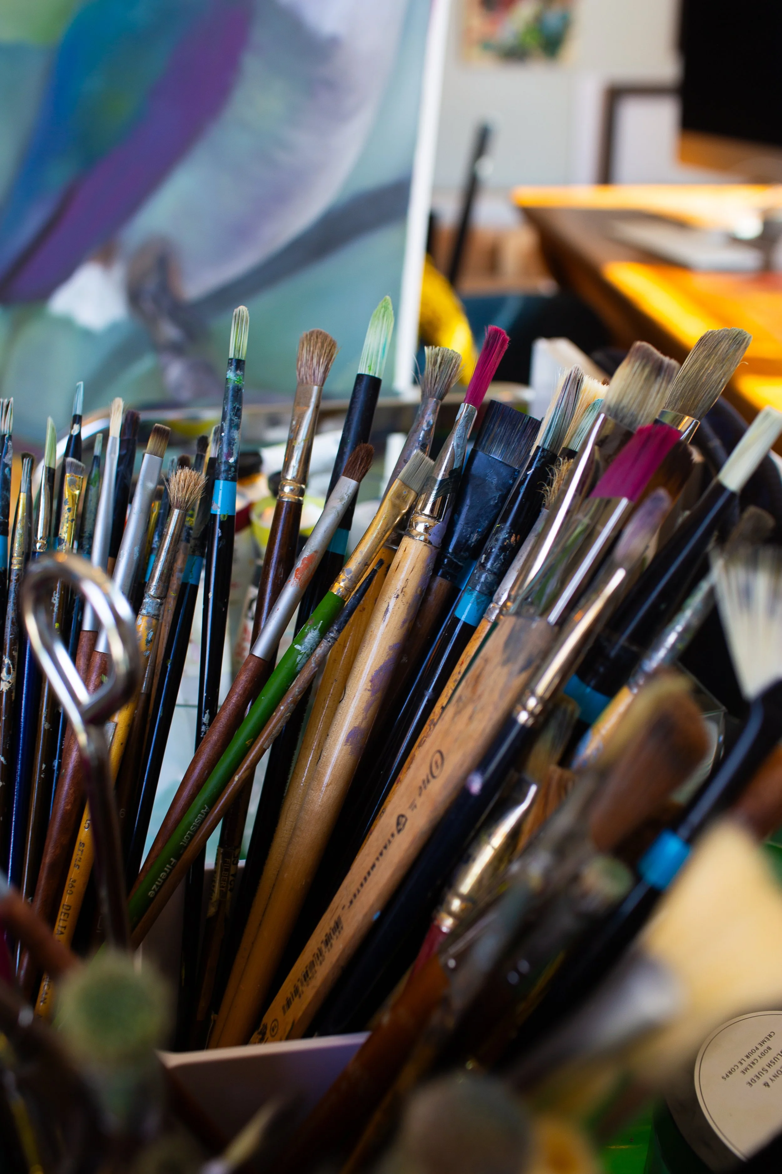Paintbrushes in the studio of artist Diana Paxton
