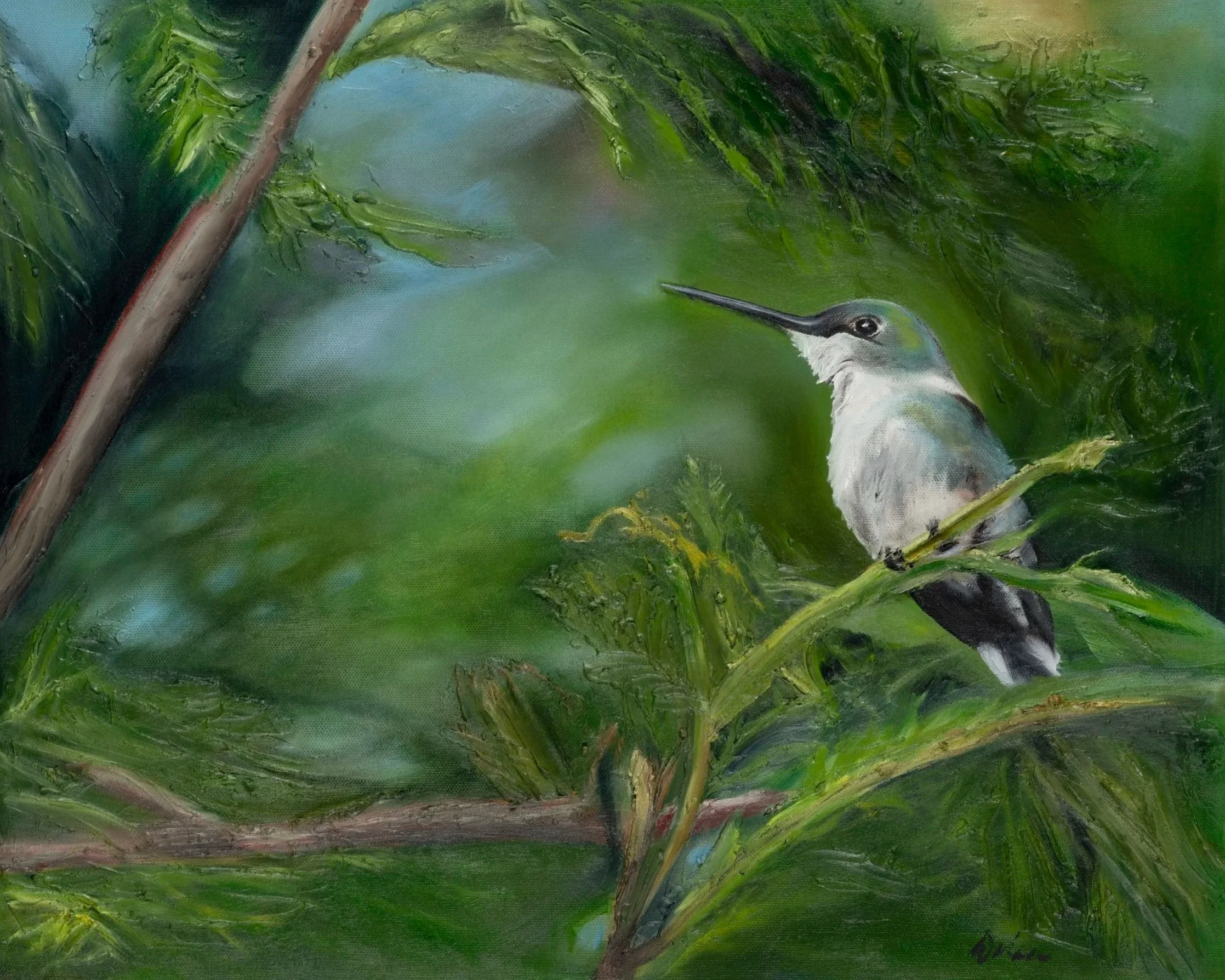 A photo of a hummingbird painted by artist Diana Paxton