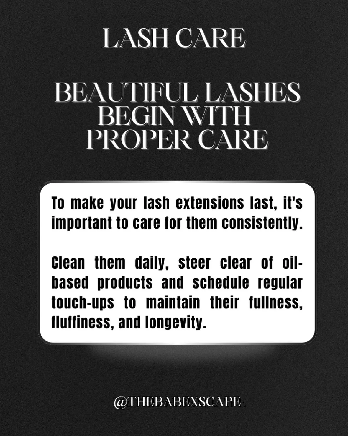 Let&rsquo;s talk LASH CARE 🖤
Your extensions are only as good as the love you give them &mdash; and proper aftercare = longer retention, fuller sets, and healthier lashes overall 👏🏽

✅ Cleanse daily with lash-safe cleanser
🚫 Avoid oil-based produ