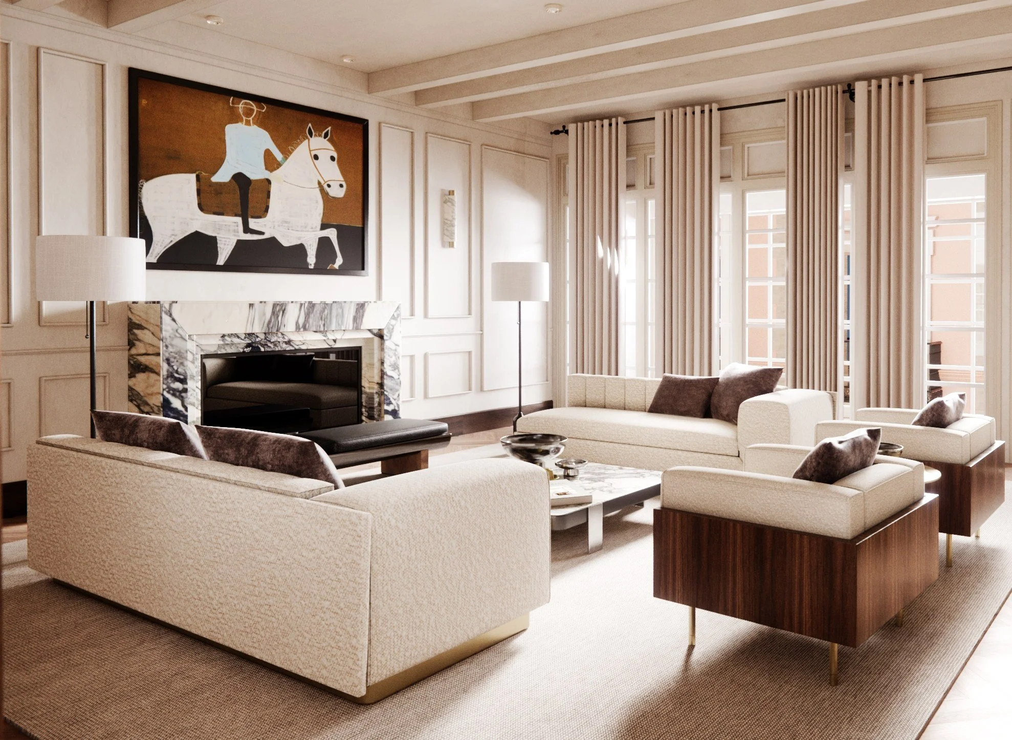 En el corazón del distrito de moda de Madrid, resguardado por un edificio neoclásico. He diseñado un apartamento contemporáneo, culto y luminoso. Repleto de arte. Mezcla de estilos, tonos neutros y materiales nobles cuentan su propia historia. 