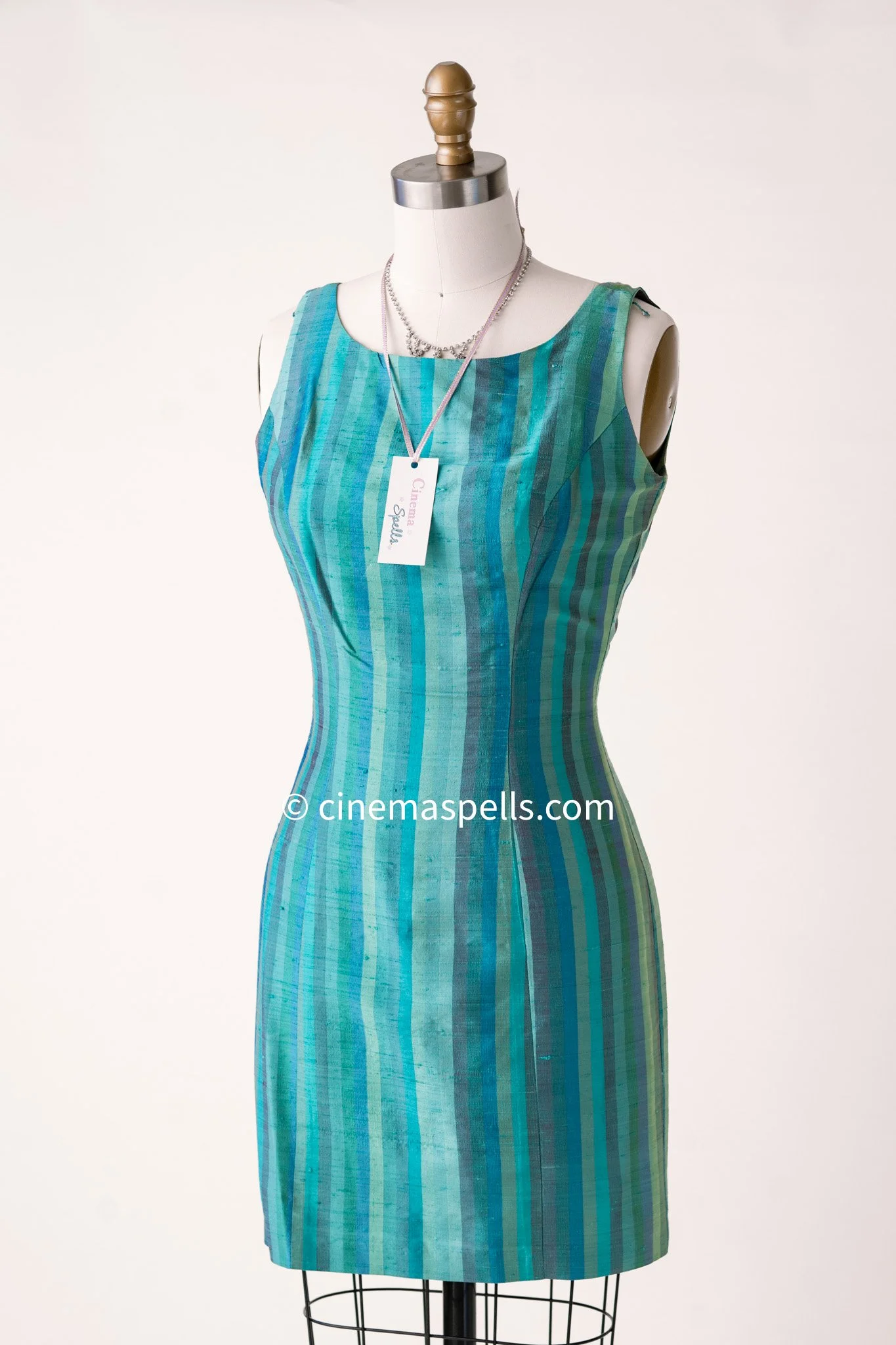 1990s ~ Studio Sourced ~ Blue-Green Striped Silk Sheath Dress (Size 4P)