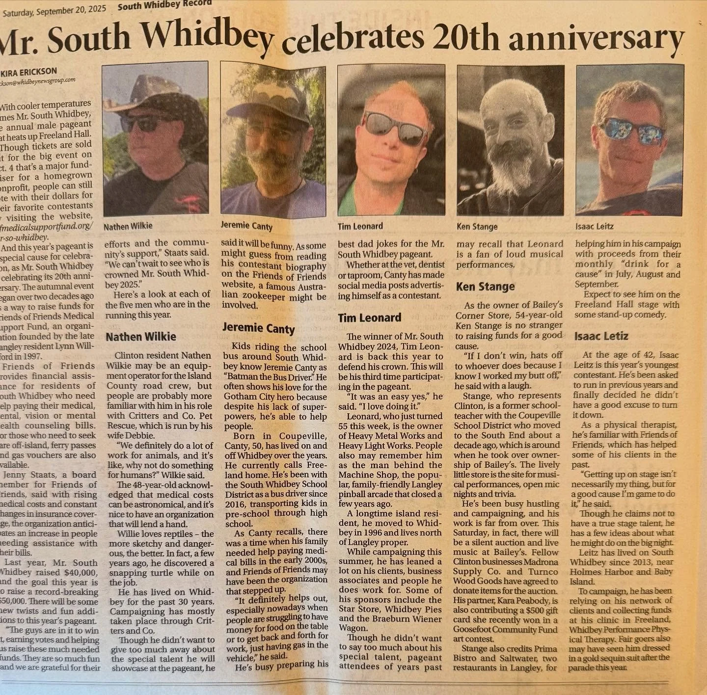 Read all about it! Five aspiring Mr. South Whidbeys! Thanks Whidbey Record for the great coverage!