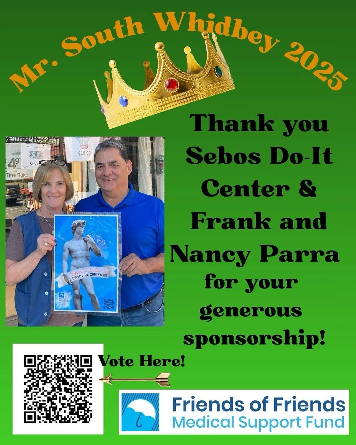 Sebo’s Do-It Center and former (2 times!) Mr South Whidbey Frank Parra have long been supporters of our community. Thanks Nancy and Frank for supporting the Mr. South Whidbey Pageant!
