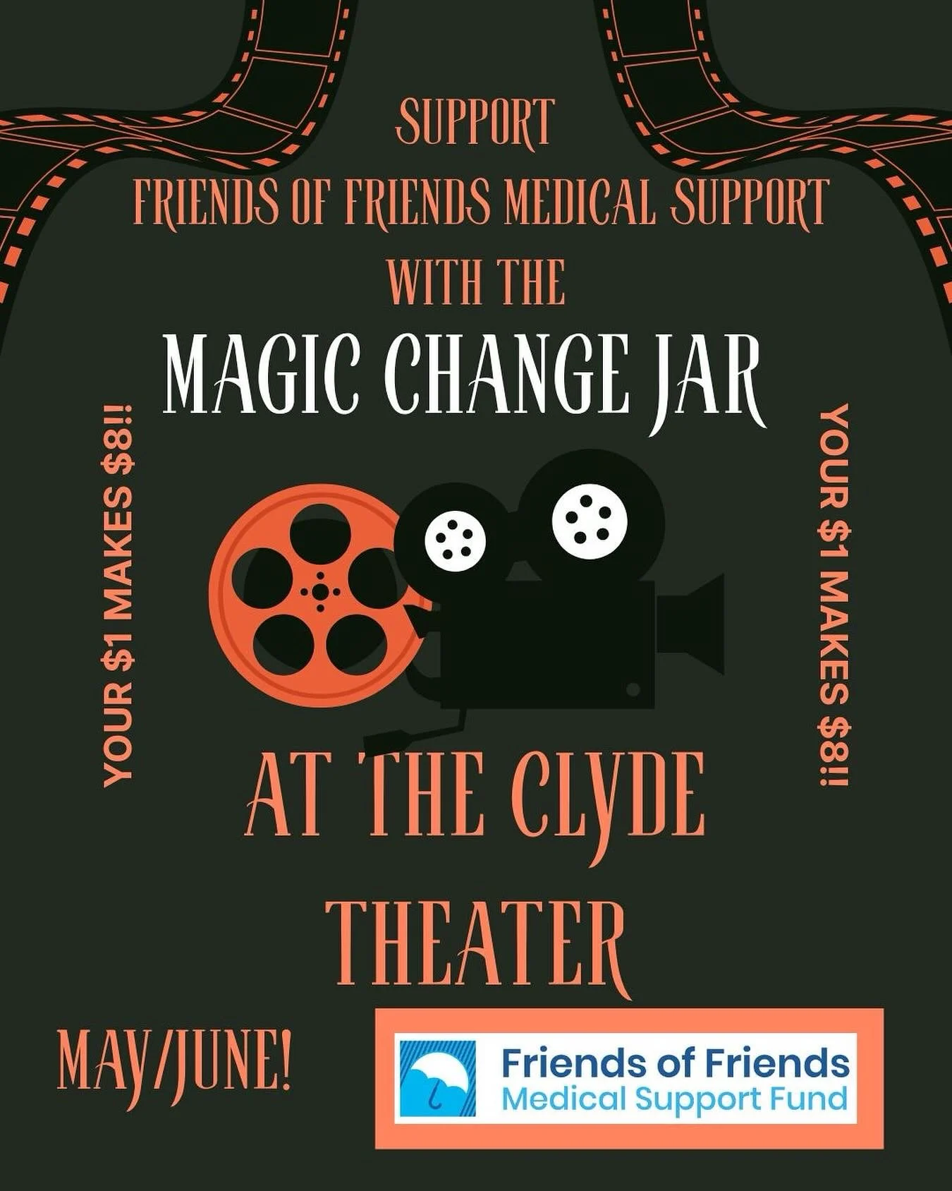 Let&rsquo;s go to the Clyde! See a great movie,  eat popcorn and put your change in the Jar which magically turns into matching money from 7 places! What could be more fun than that?