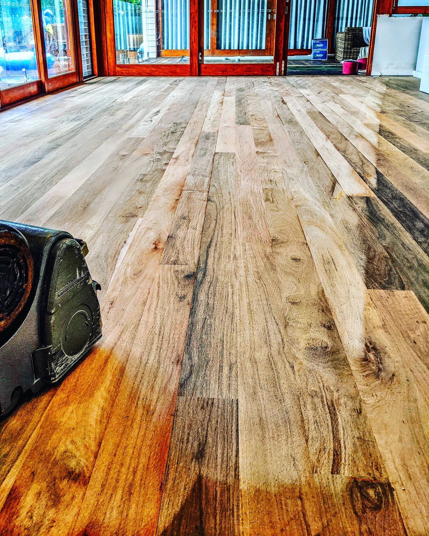 Sanding begins on a stunning Grey Ironbark floor today. #timberoo_flooring_specialist #fiddesaustralia #hurfordwholesale #floorsandingsunshinecoast #timberflooringshowroom #renovation