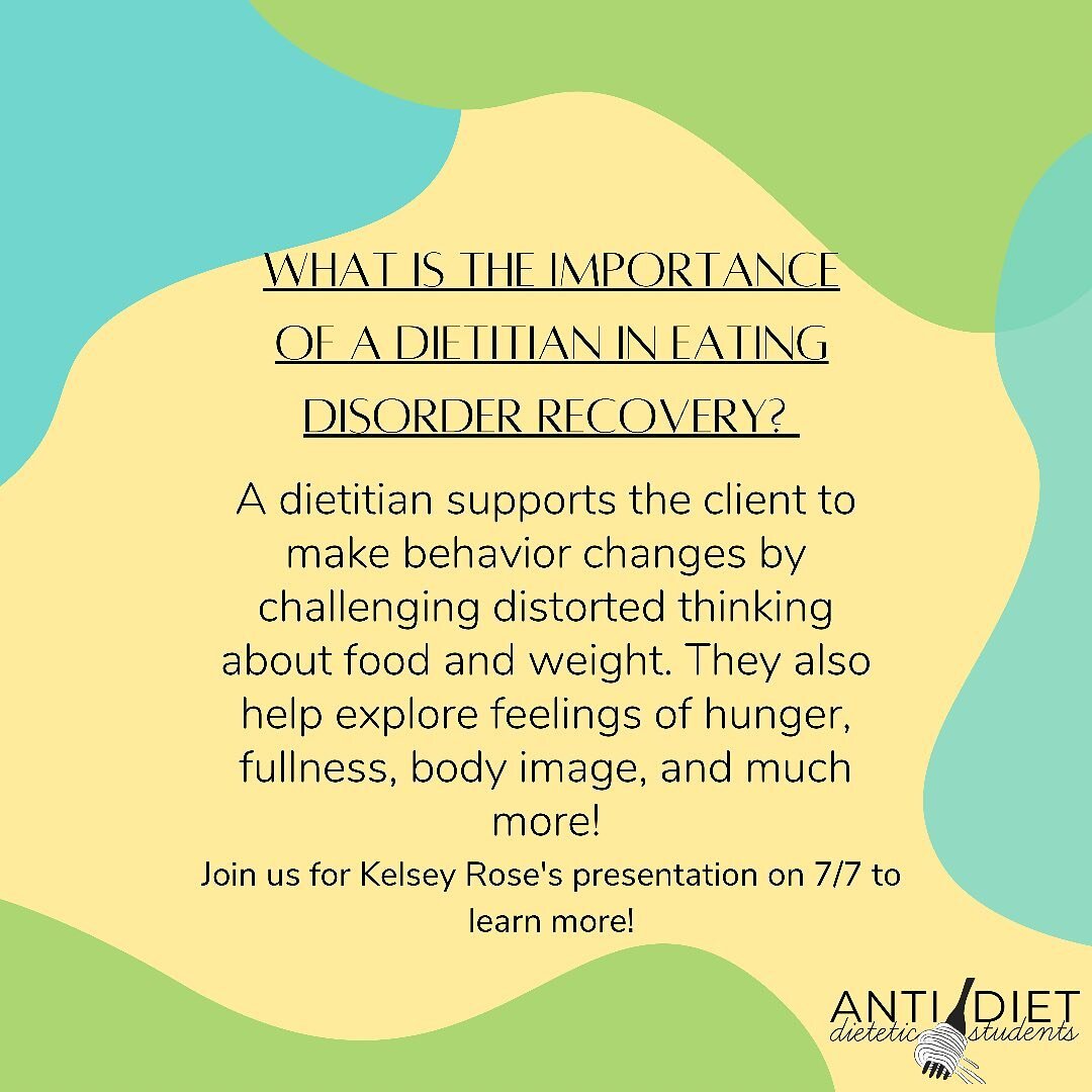 Join us on July 7th to learn more about the importance of a dietitian in eating disorder recovery from Kelsey Rose, an eating disorder RD. We are so excited to hear from her!✨