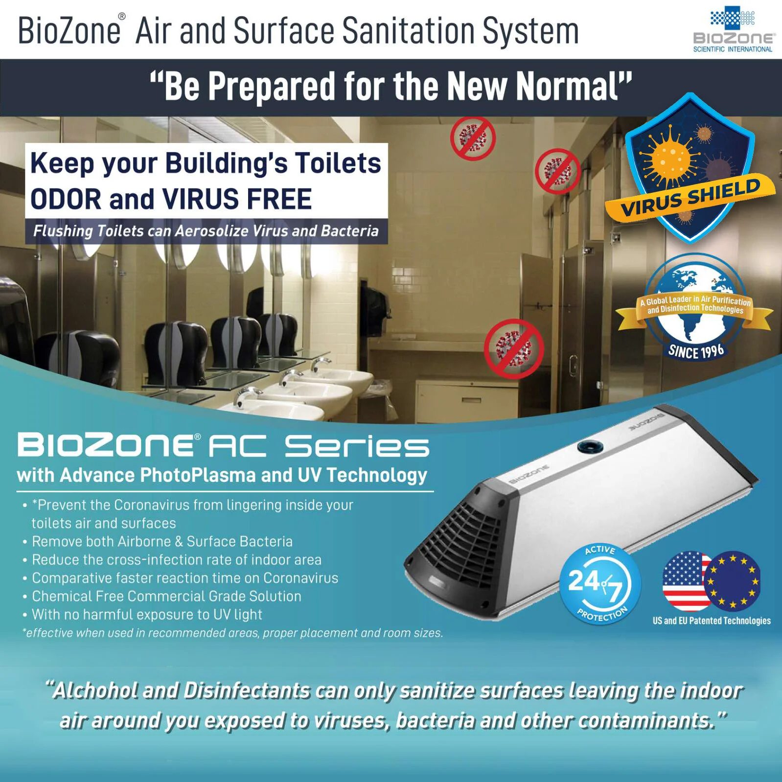 Poster promoting BioZone air and surface sanitation system for bathrooms, stating it keeps toilets odor and virus free, and features an air purifier device with UV and photo plasma technology. The poster emphasizes sanitation to prevent viruses and b