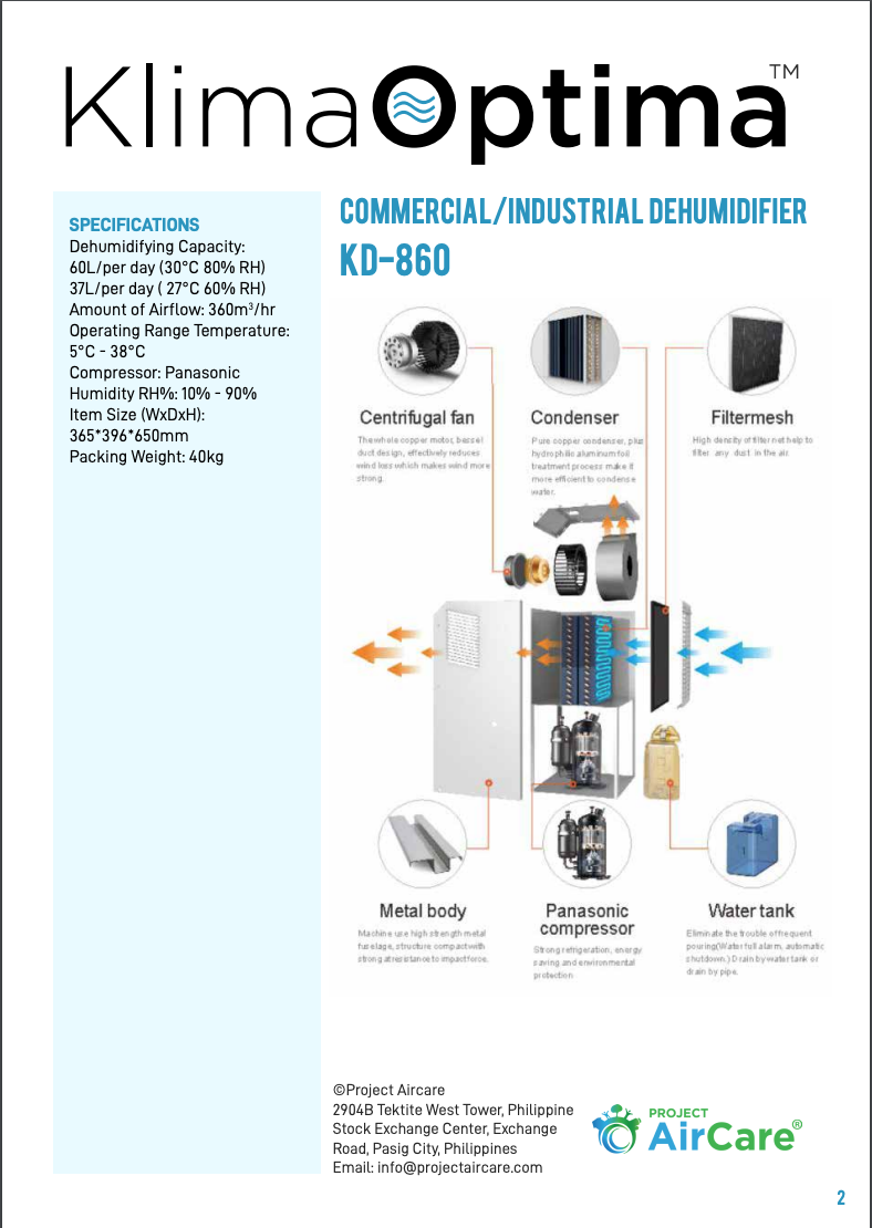 Diagram of a commercial/industrial dehumidifier KD-860, showing parts such as centrifugal fan, condenser, filter mesh, metal body, Panasonic compressor, water tank, with specifications listed on the side.