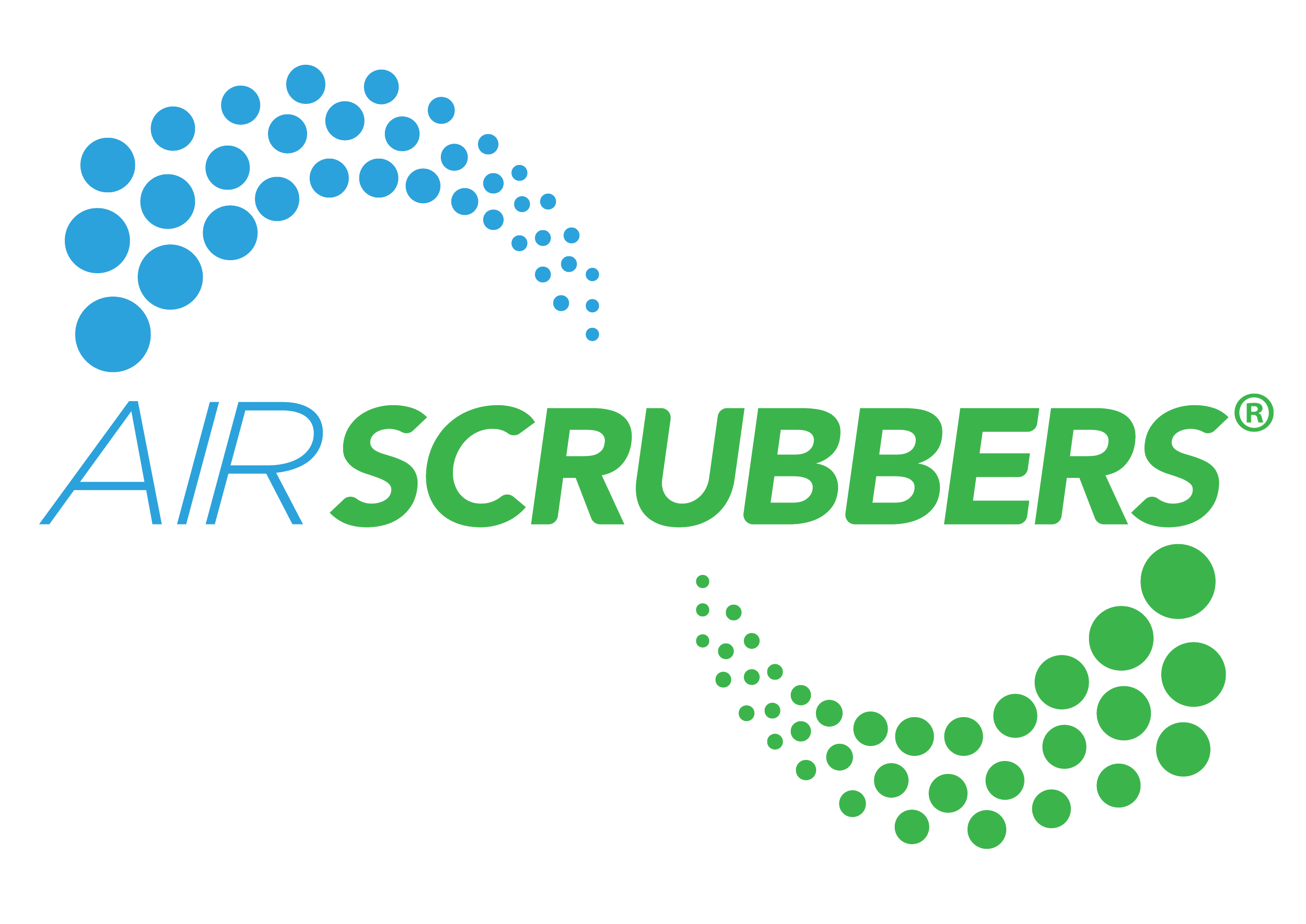 Logo of Air Scrubbers, featuring a design of blue and green dots forming a circular shape with the text "AIR SCRUBBERS" beneath it.