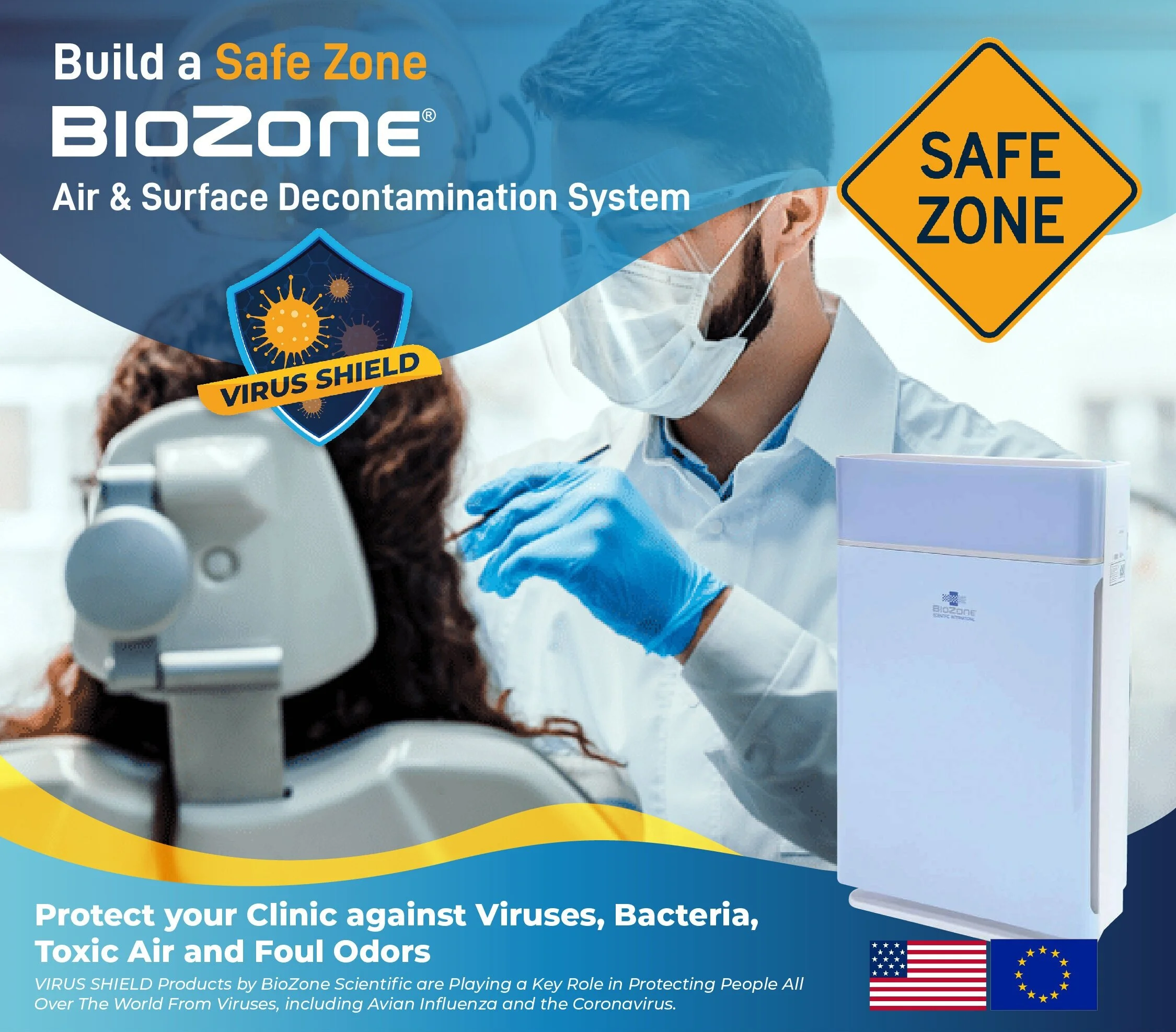 A promotional flyer for the BioZone Air and Surface Decontamination System, featuring a healthcare professional wearing a mask and gloves consulting with a patient in a clinical setting. The flyer highlights virus protection and shows an image of the