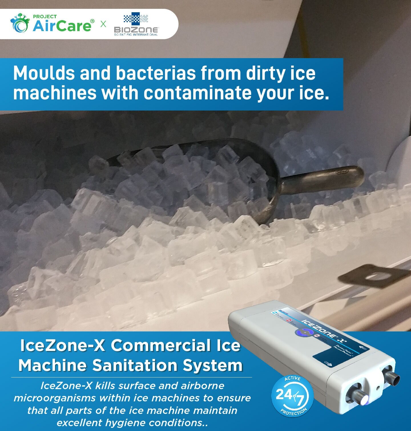 Sign promoting the IceZone-X Commercial Ice Machine Sanitization System, showing a pan of crushed ice, a handheld device, and text warnings about mold and bacteria from dirty ice machines.