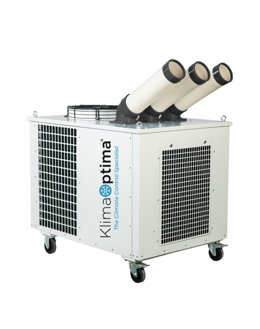 A portable climate control machine with three large exhaust hoses and mesh vents, labeled 'Klima Optima, The Climate Control Specialist'.