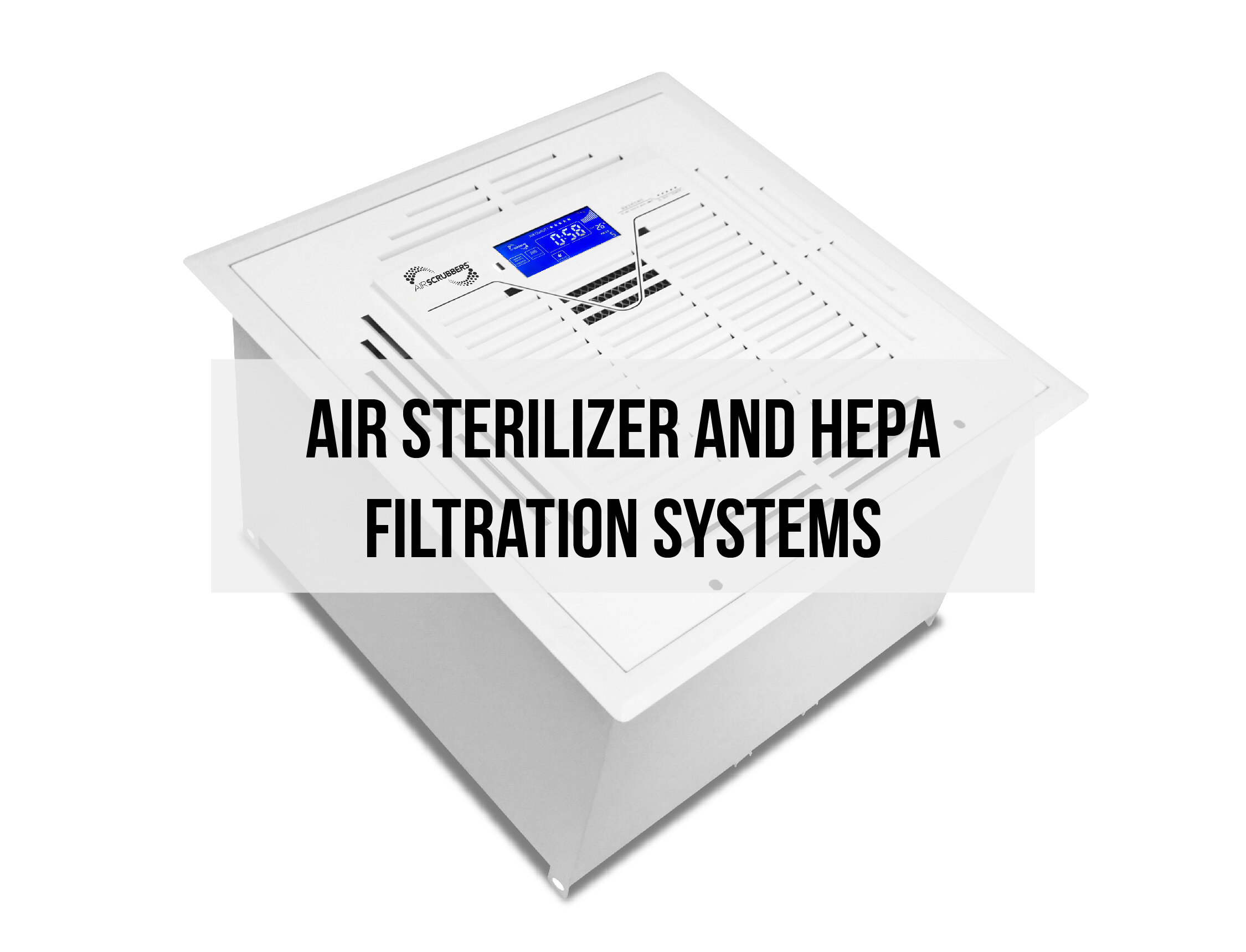 White air purifier with digital display showing settings, labeled "Air Sterilizer and HEPA Filtration Systems".