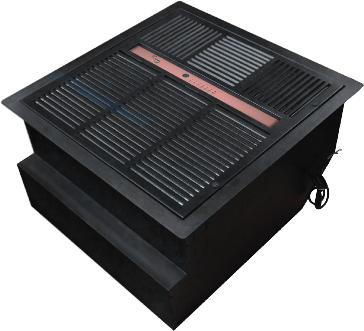 A black electronic device with a grid vented top, featuring a central pink stripe with small controls and labels, connected to a power cord on the side.