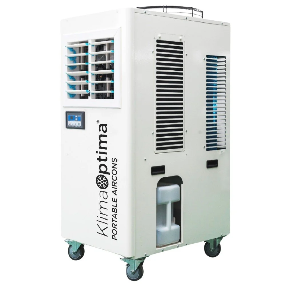 Portable air conditioner with vent slats, digital display, and wheels.