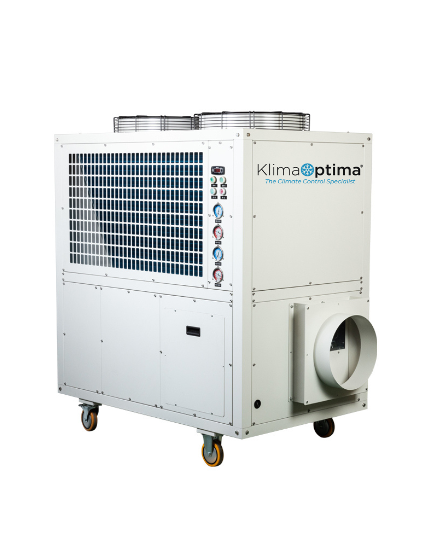 White industrial air conditioning or cooling unit on casters, with vents and control dials, branded 'Klimapta' and labeled 'The Climate Control Specialist'.