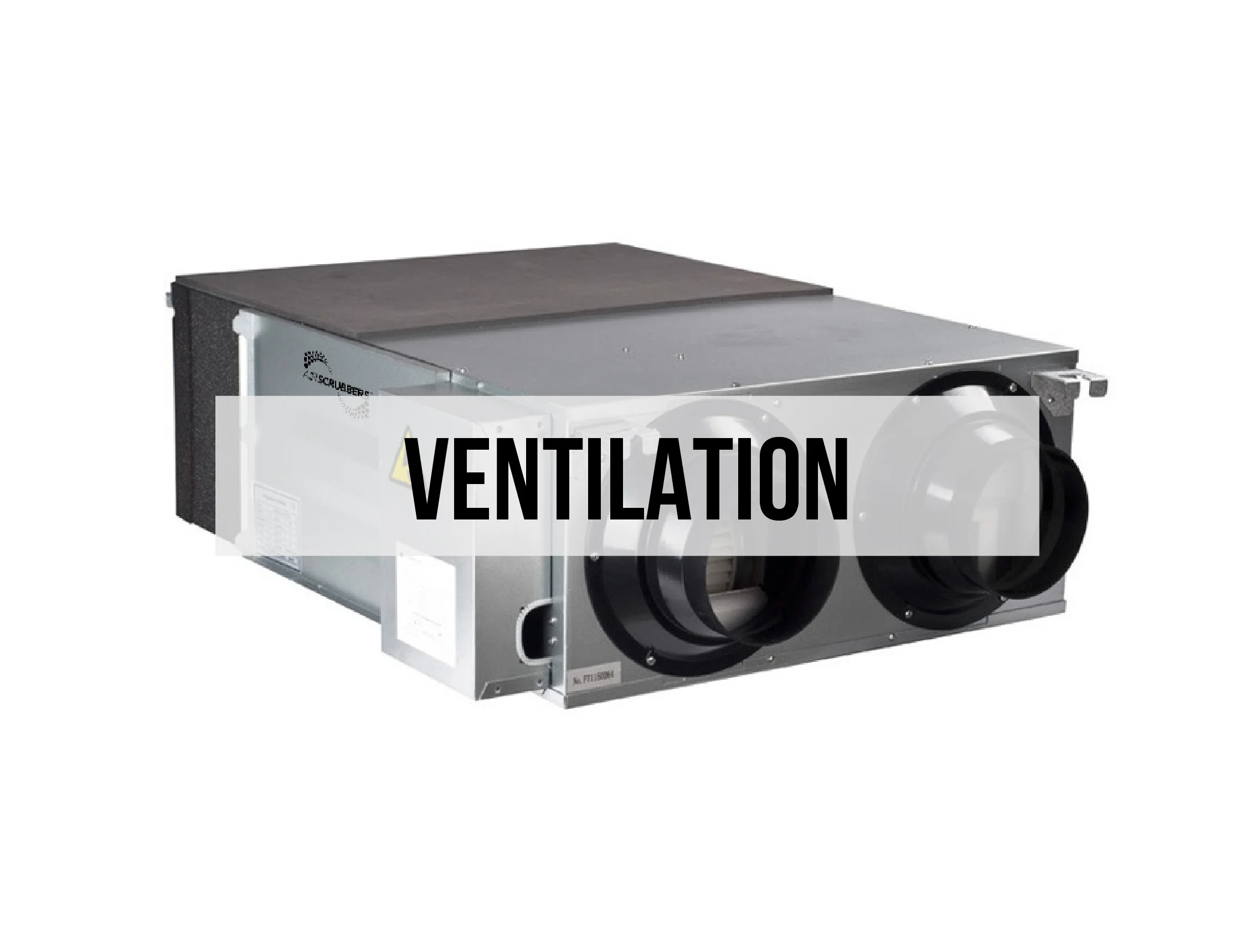 An industrial ventilation system with two large black ducts and a metal casing, labeled 'VENTILATION' in black text.