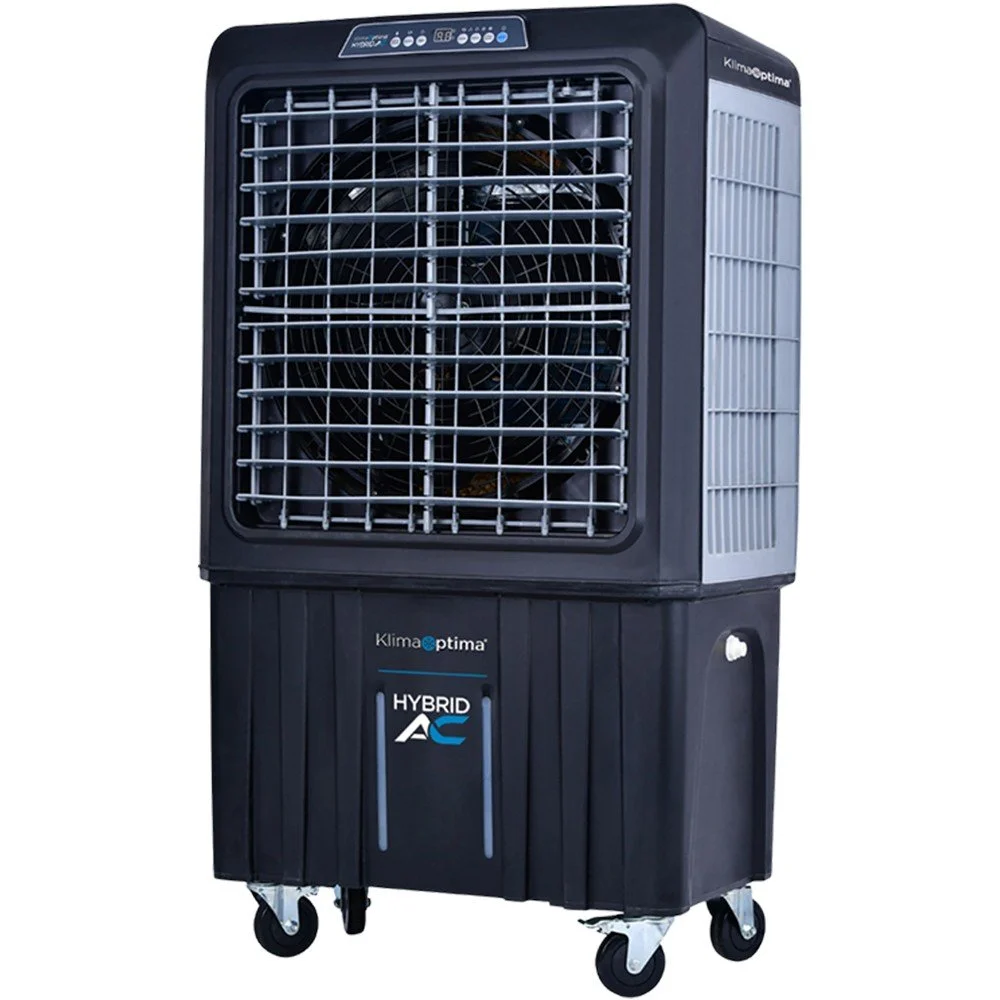 Portable industrial hybrid air conditioner on caster wheels with digital controls.