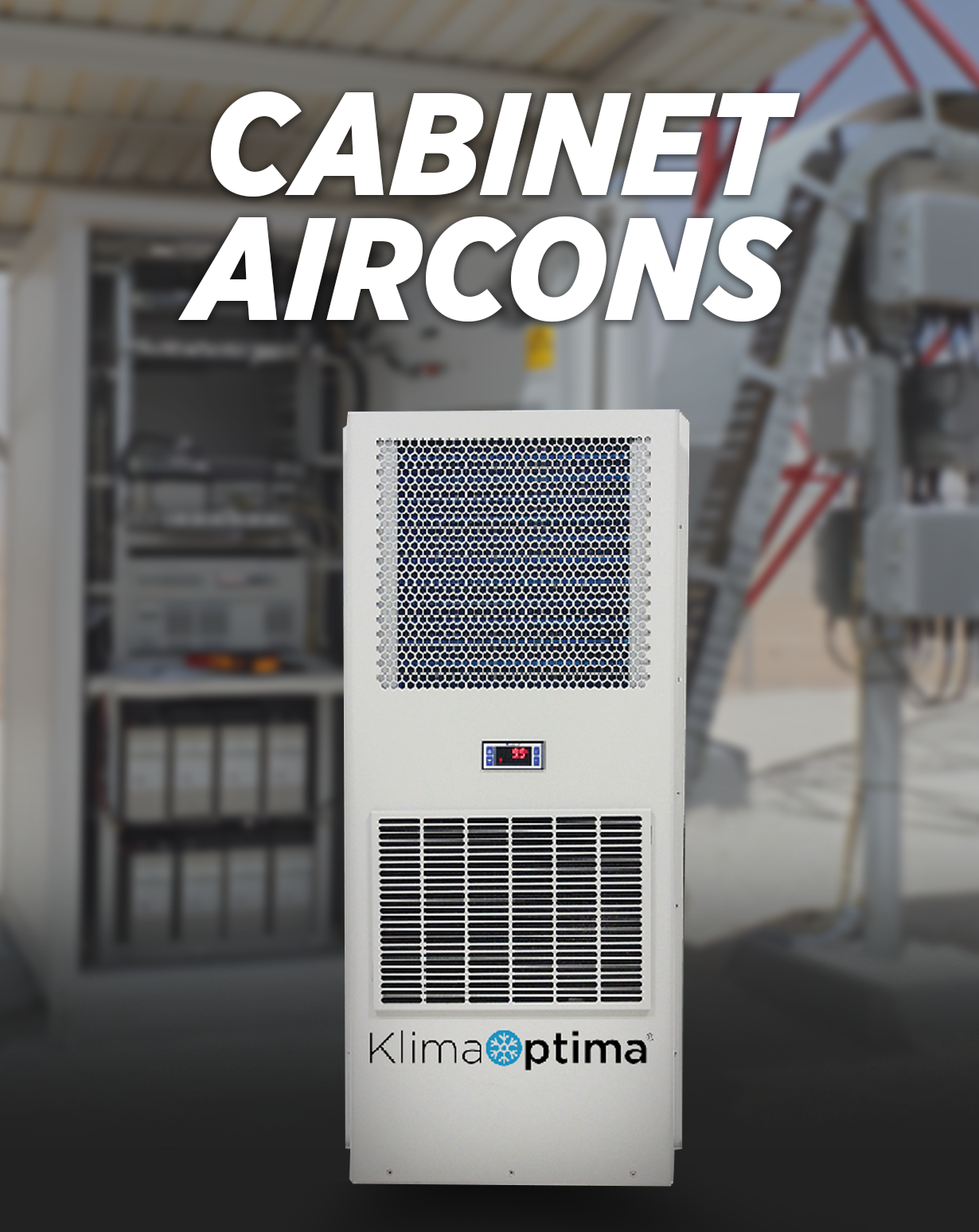 Free-standing air cooler labeled 'Klima optima' with display panel, set against blurred industrial setting background.